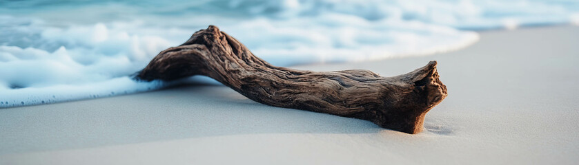 Smooth driftwood resting on white sand beside gentle waves in a bright coastal setting