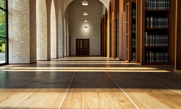 A beautifully designed library interior with arches and bookshelves, illuminated by natural light, creating a harmonious and inviting atmosphere for readers and learners.