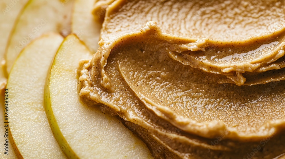 Poster sliced apples with creamy nut butter spread close up view