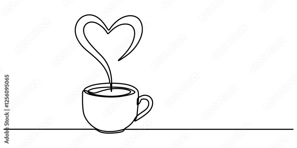 Poster one continuous drawing of cup coffee with heart symbol. hot drink and mug of tea with love for web b