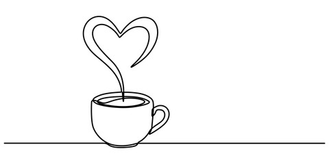 One continuous drawing of cup coffee with heart symbol. Hot drink and mug of tea with love for web banner in simple linear style. Editable stroke. Doodle vector illustration, Hot coffee cup with heart