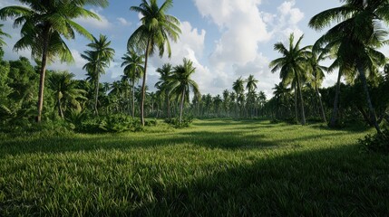 Fototapeta premium A lush green field with palm trees in the background