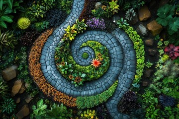 Fototapeta premium aerial view of ornate botanical garden design, intricate spiral patterns of flowering plants, vibrant greens and pastels, morning dew
