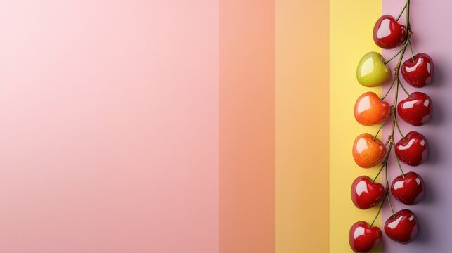 A row of cherries are displayed on a colorful background
