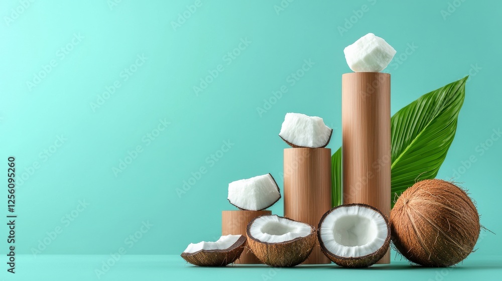 Poster a bunch of coconuts and a leaf are on a green background