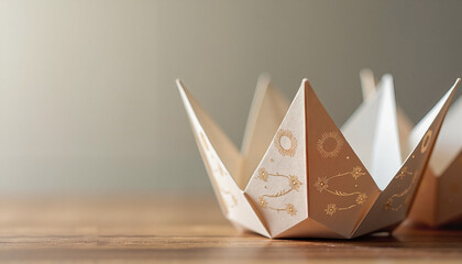 Paper origami crowns with decorative patterns on wooden table