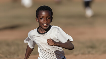 Fototapeta premium Young boy joyfully running on a field during a soccer game under bright sunlight in the afternoon. Generative AI