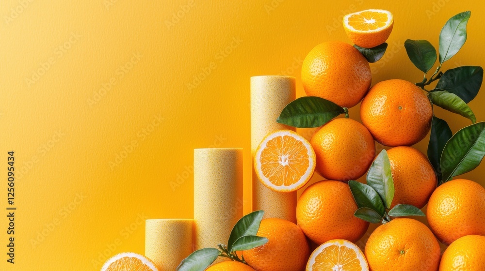 Poster a bunch of oranges and a lime are arranged on a yellow background