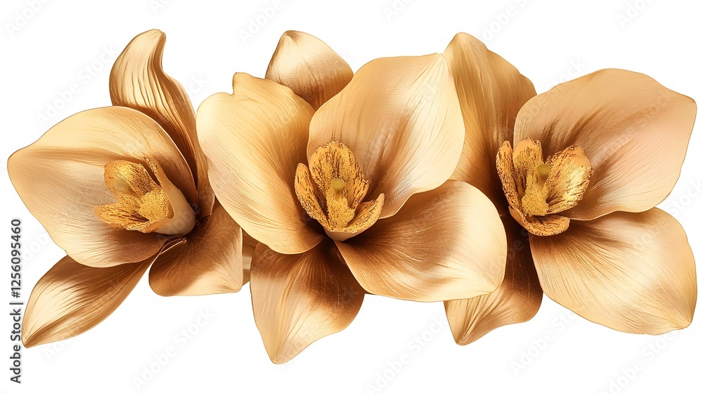 Poster surreal macro shot of three exotic gold flowers on a white background with intricate details and tex