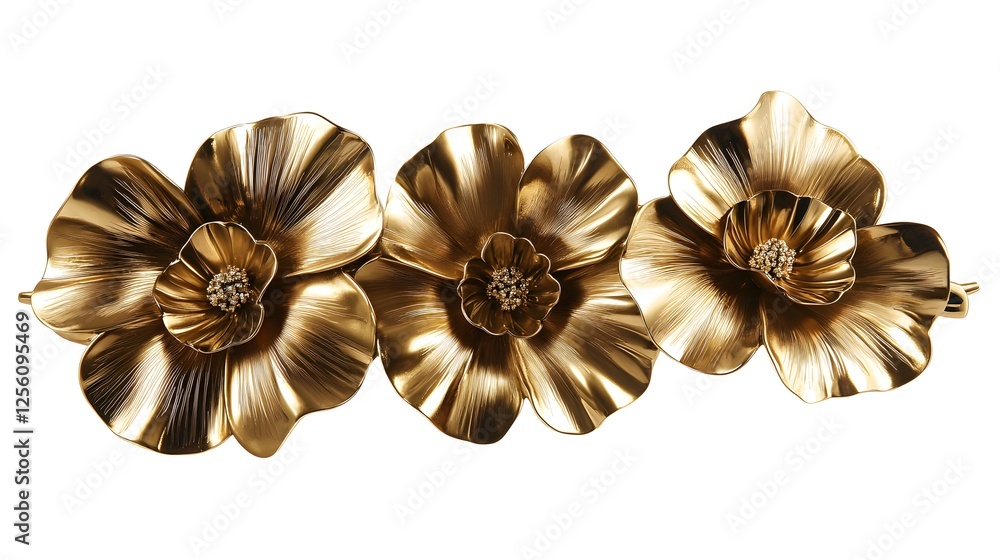 Poster surreal macro image of three exotic gold flowers adorned with diamonds on a dark background