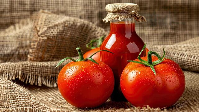 tomatoes and ketchup on burlap background. selective focus
