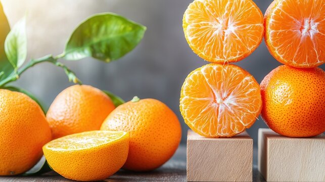 A pile of oranges with one of them cut in half