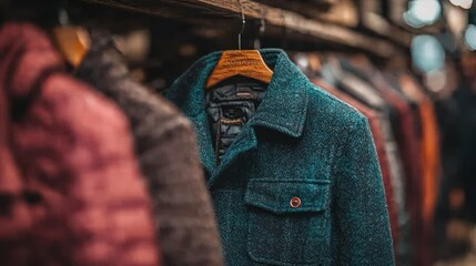 Fototapeta premium Teal wool coat hanging boutique shop winter