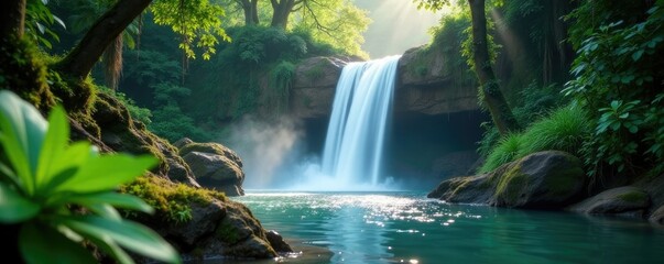 Refreshing mist from a waterfall in the jungle, jungle, mist