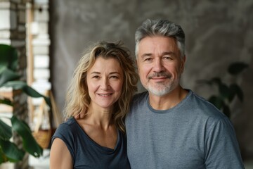 Obraz premium Portrait of a cheerful couple in their 50s dressed in a casual t-shirt over empty modern loft background