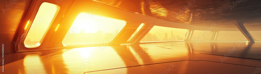 Poster sunset beams illuminating futuristic structures with dramatic shadows in bright setting