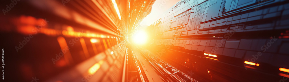 Poster sunset beams illuminating futuristic structures with dramatic shadows