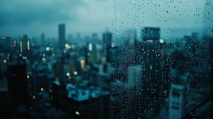 Rainy Cityscape with Raindrops on Glass in Urban Environment