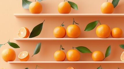 A shelf full of oranges with some of them cut in half