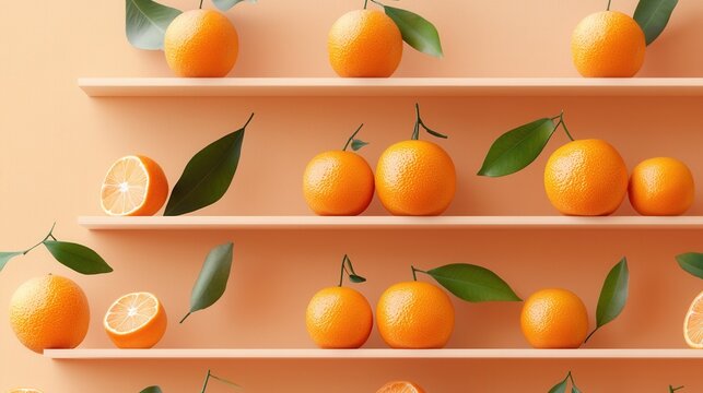 A shelf full of oranges with some of them cut in half