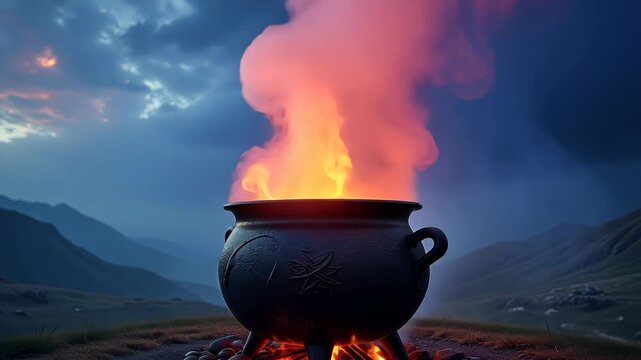  Enchanted cauldron with red flames on a mountain top