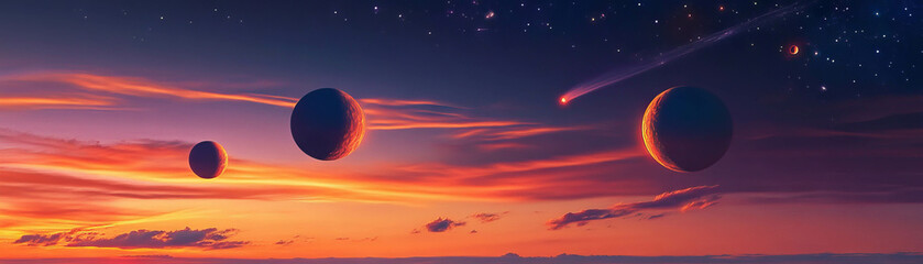 Obraz premium Sunset with multiple moons illuminating an alien landscape