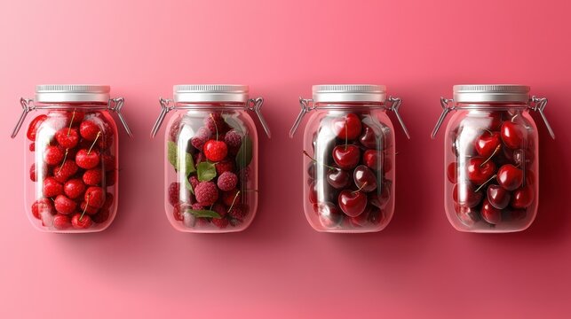 Four jars of cherries are lined up on a pink background