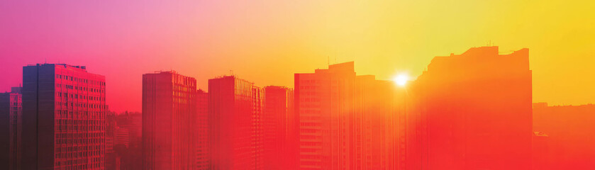 Vibrant sunset with orange and pink hues over geometric buildings in a modern city landscape