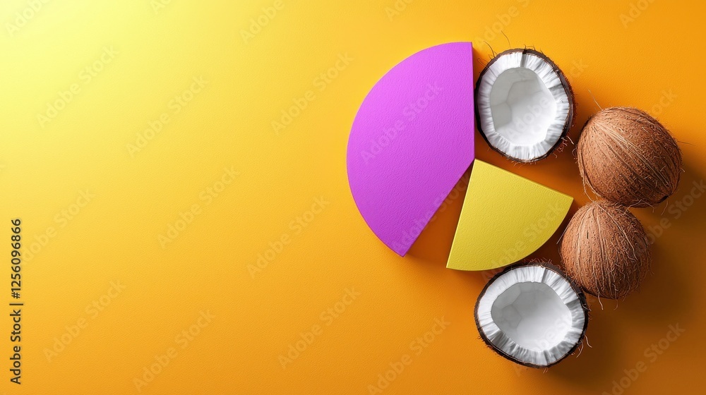 Poster a yellow and purple pie is cut in half and placed on top of two coconuts