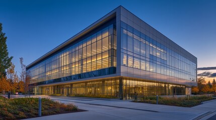 Obraz premium Modern office structure with sleek glass facade at twilight hour scene