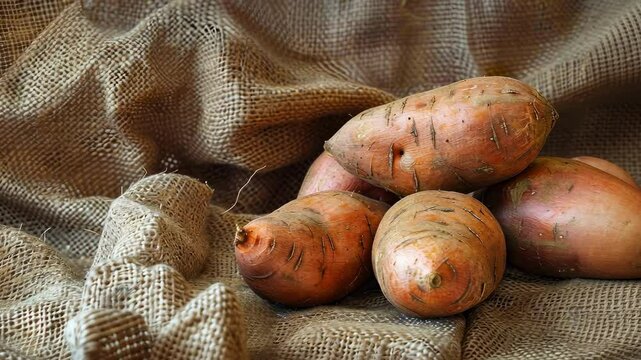 sweet potato on burlap background. selective focus