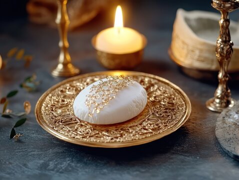 A beautifully ornate wafer rests on an intricate plate, illuminated by candlelight, symbolizing the body of Christ during Christian liturgical celebrations