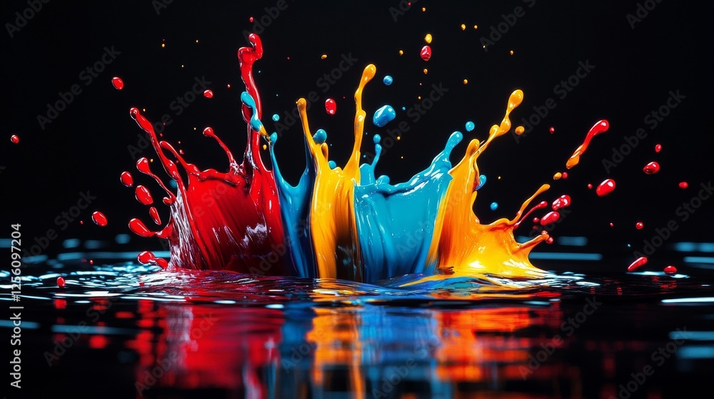 Aufkleber Vibrant paint explosion creating a dynamic abstract splash on reflective surface