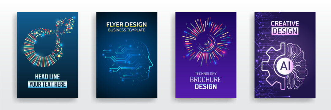 Scientific cover template for presentation, banner. Page layout set for sci-fi. Set of high-tech covers for marketing. Modern technology design for posters. Futuristic background for flyer, brochure.