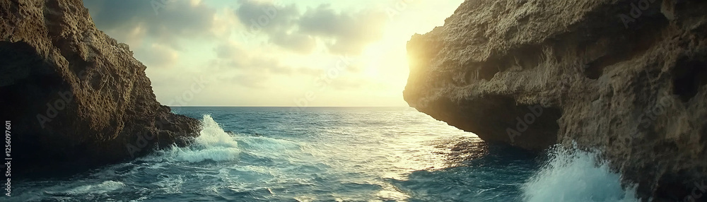 Poster rocky outcrop extending into ocean with sunlight and crashing waves