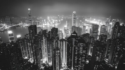 Stunning Night View of Hong Kong Skyline with City Lights Illuminating the Urban Landscape in Monochrome Contrast