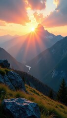 Fototapeta premium Soft rays of sun peeking over a mountain range, natural scenery, morning light, serenity