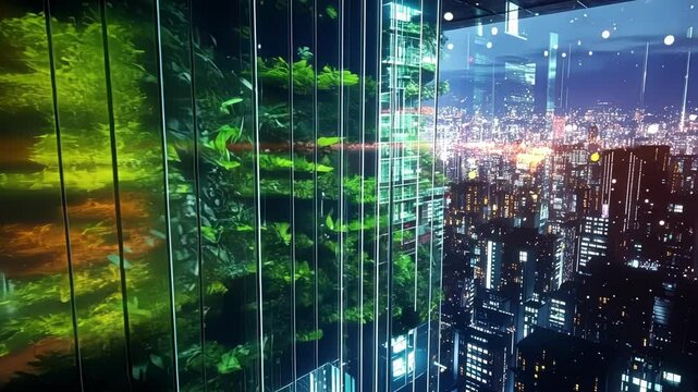 Vertical gardens intertwine with digital displays, showcasing a futuristic cityscape where nature and technology coexist harmoniously, creating a sustainable urban environment