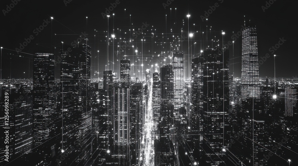 Poster futuristic cityscape view with data streams and bright lights at night in monochrome color palette
