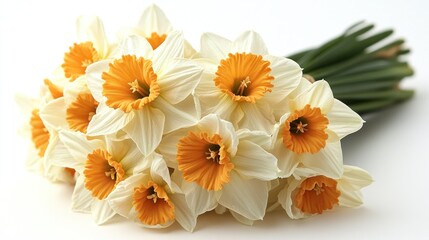 A vibrant bouquet of daffodils with white petals and orange centers arranged elegantly on a white background