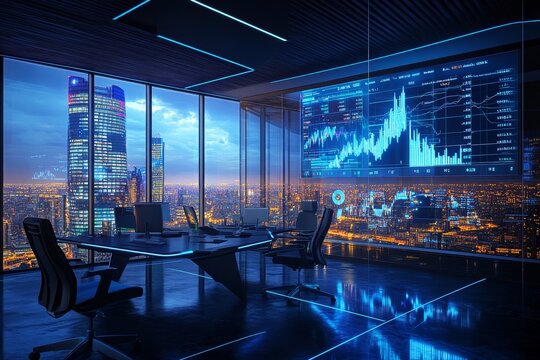 Futuristic office setting with holographic graphs overlooking cityscape and modern design elements