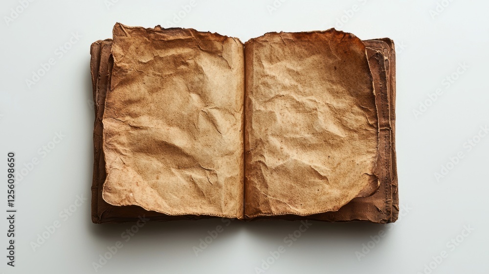Poster an open, aged book with crumpled pages, suggesting history and knowledge.