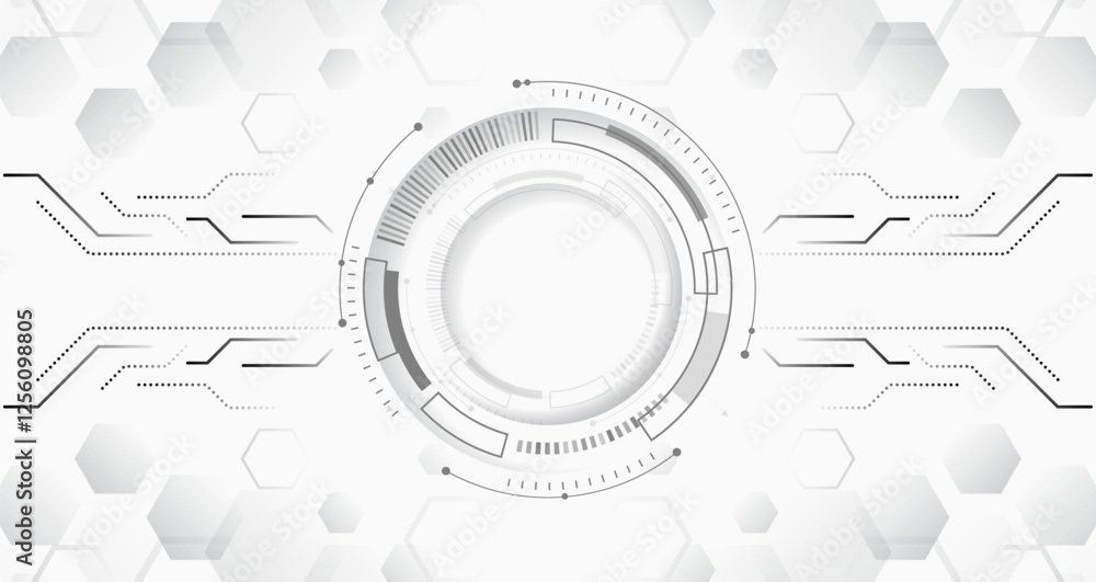 Poster Abstract futuristic communication. Hi-tech grey background with various technology elements. Vector illustration of hexagons and lines