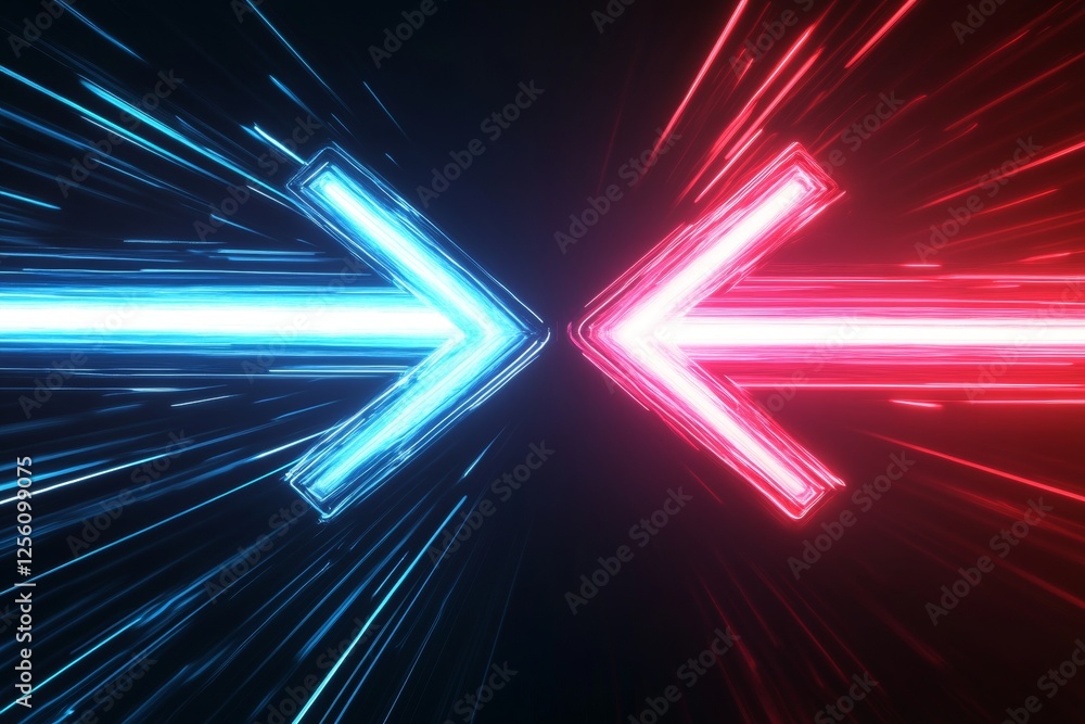 Poster futuristic neon arrow design dynamic red and blue segments symbolizing speed and innovation