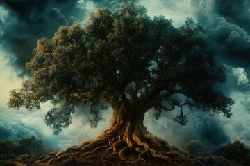 ancient oak tree with gnarled roots embracing earth, majestic branches reaching skyward against stormy clouds, symbolic wisdom in natural setting
