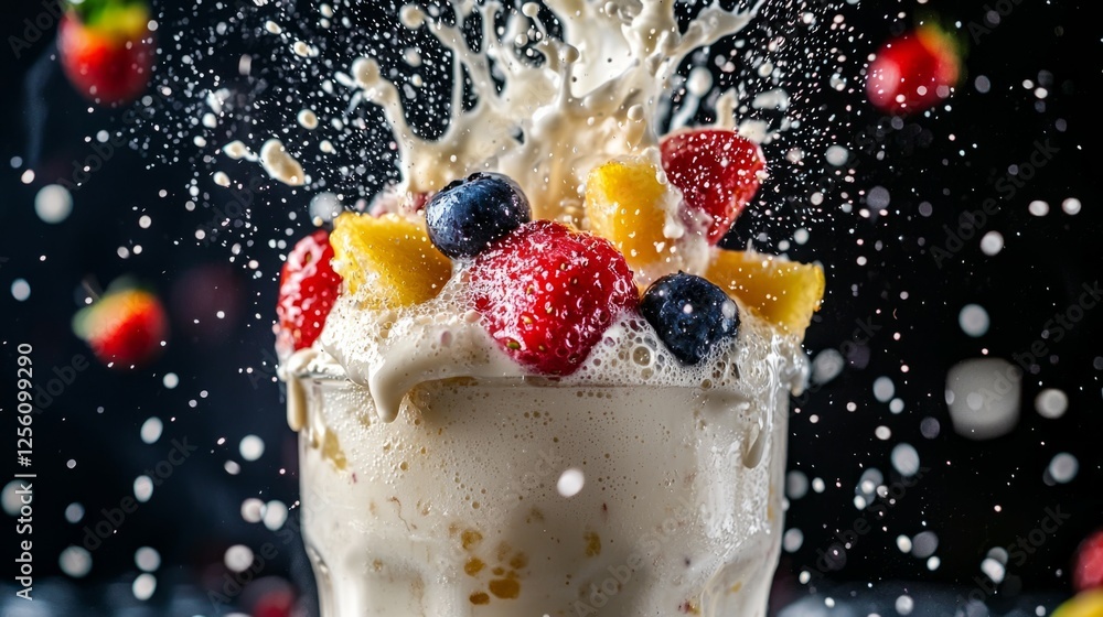 Poster refreshing fruit smoothie with splash and berry explosion