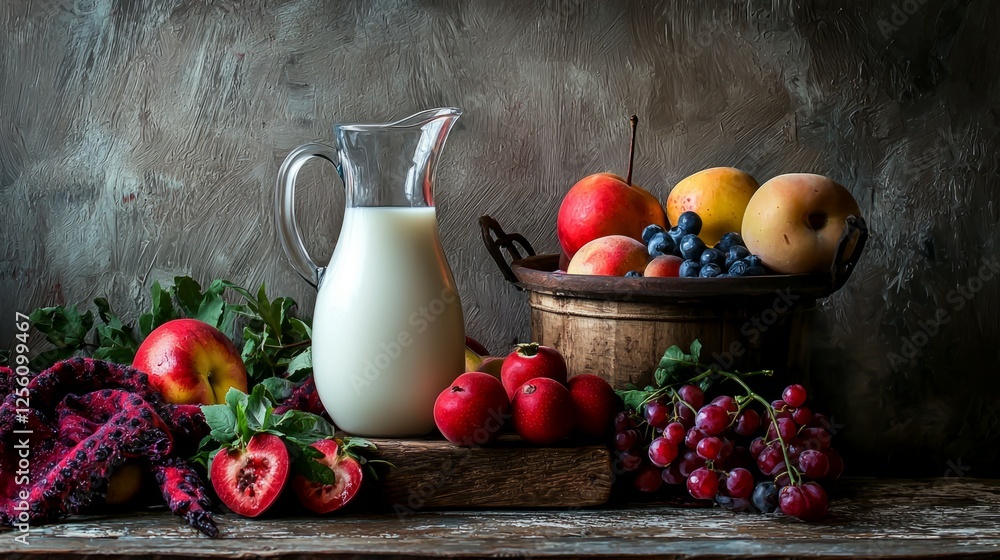 Poster Fresh Milk with Assorted Fruits in Rustic Setting Display