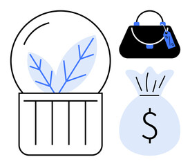 Fototapeta premium Plant growing in a glass jar, a stylish handbag, and a money bag with a dollar sign. Ideal for wealth creation, financial growth, economic security, savings, investment, prosperity and business