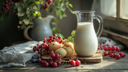 Fresh Milk in Glass Pitcher with Fruits on Rustic Table Setting