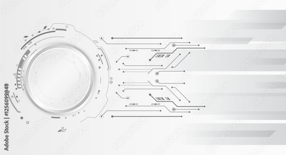 Poster Hi-tech grey background with various technology elements. vector illustration of circles and lines with shadows. Abstract futuristic communication.